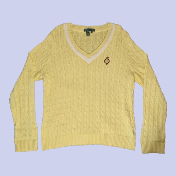 Lauren Ralph Lauren Sweaters - Lauren Active | Women's Cable Knit Cotton V-Neck Sweater Yellow Large